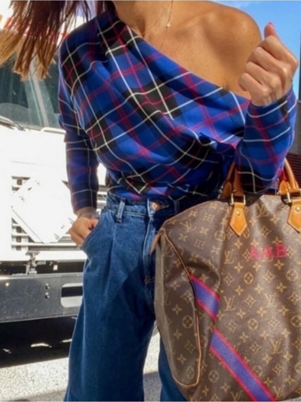 Zara Blue Plaid Off-Shoulder Top with Black & Red Accents